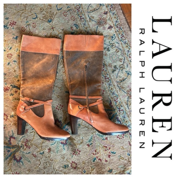 LAUREN RALPH LAUREN MISA Brown Leather Suede Knee High Boots - Picture 3 of 16